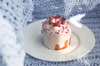 High angle view of dessert in plate on table