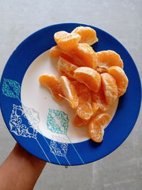 Directly above shot of woman holding orange in plate