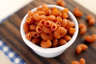 High angle view of pasta in bowl on table