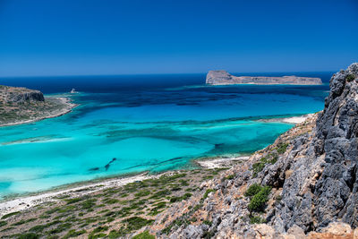 Scenic view of sea against clear blue sky