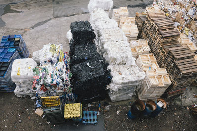 High angle view of firewood for sale in market