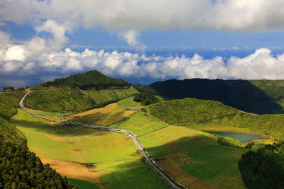 Scenic view of green landscape against sky