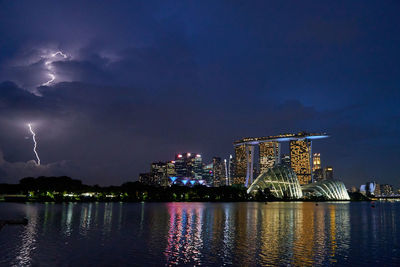 Riding lightning illuminated city at waterfront