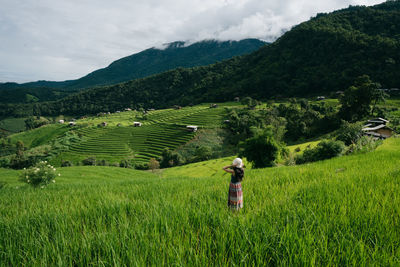 Rear view of man walking on grassy field