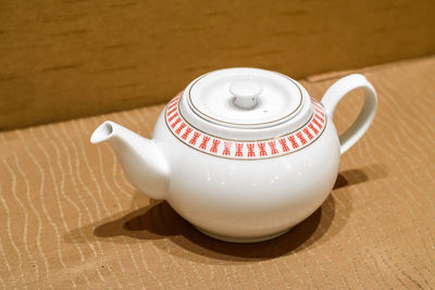 High angle view of tea cup on table