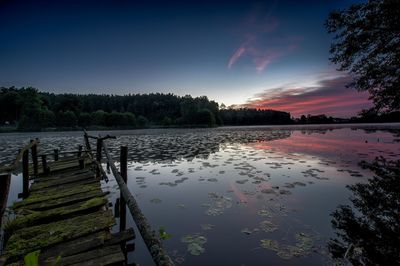 Scenic view of lake against sky at sunset