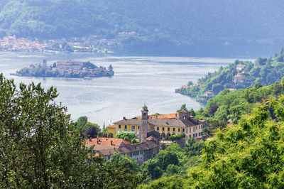 Landscape of the orta lake seen from a hiking path closed to the coast