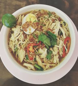 Directly above shot of soup in bowl on table