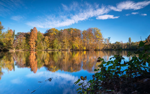 Panoramic image of beautiful and idyllic bensberg lake, bergisch gladbach, germany