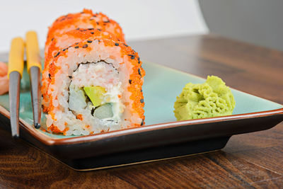 Close-up of sushi in plate on table