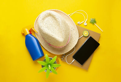 High angle view of hat on table