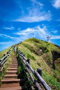 Staircase leading towards mountain against sky