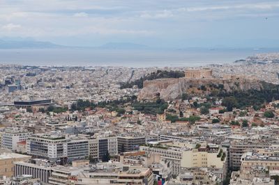 High angle shot of townscape against sky