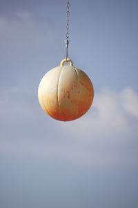 Close-up of oranges hanging against sky