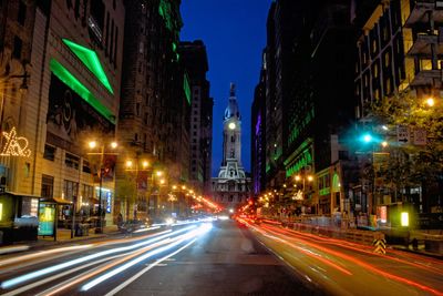 Light trails on road at night