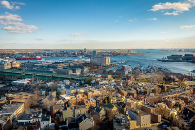 High angle view of townscape against sky during sunset