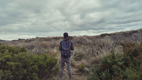 Rear view of man climbing on landscape against sky