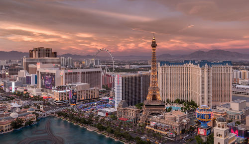 High angle view of city at sunset