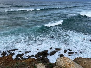 High angle view of rocks on beach