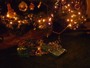 Close-up of illuminated christmas tree at night