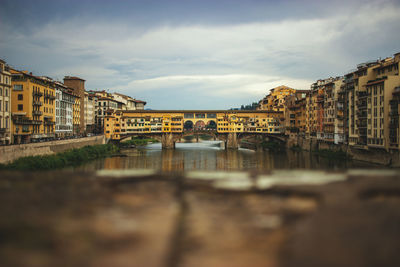 Bridge over river amidst buildings in city against sky