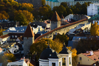 High angle view of houses in city