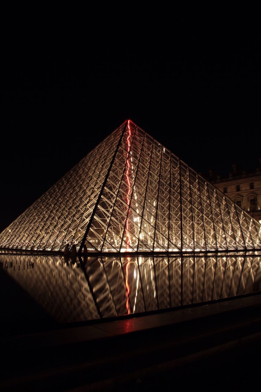 built structure, architecture, low angle view, night, clear sky, connection, metal, illuminated, railing, bridge - man made structure, pattern, diminishing perspective, sky, copy space, the way forward, no people, outdoors, engineering, building exterior, bridge