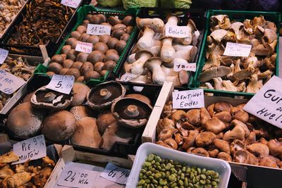 High angle view of food for sale at market stall