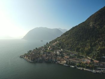 Scenic view of sea by town against sky