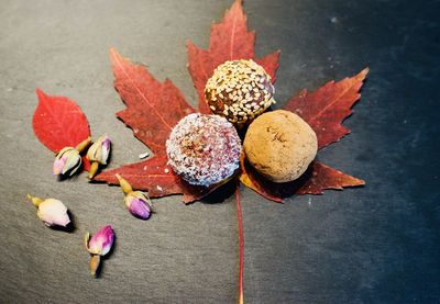 High angle view of dry leaves on table