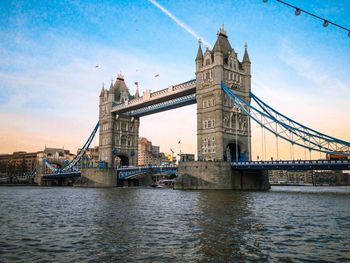 View of suspension bridge over river