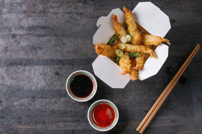 High angle view of food in plate on table