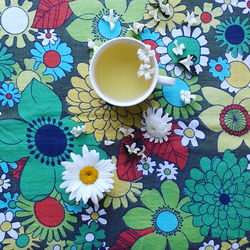 High angle view of flowers on bed