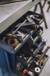 Work tools arranged in toolbox at workshop