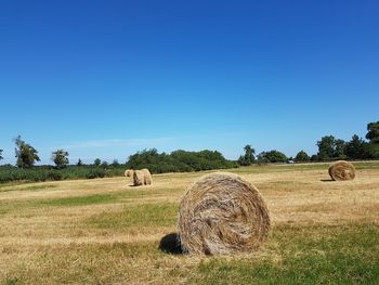 Hay bales on field against blue sky