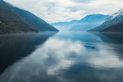 Scenic view of lake and mountains against sky