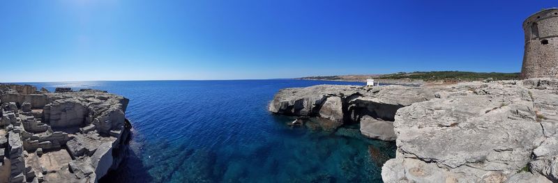 Panoramic view of sea against clear blue sky