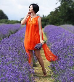 Young woman standing in lavender field