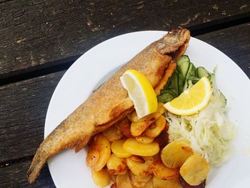 High angle view of food in plate on table