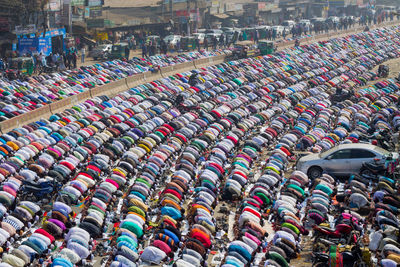 High angle view of crowd praying