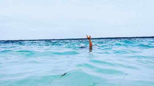 Person swimming in sea against clear sky