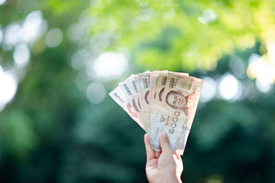 Close-up of hand holding paper against blurred background