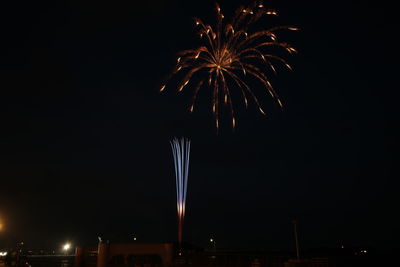 Low angle view of fireworks against sky at night