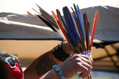 Cropped image of man holding colorful feathers