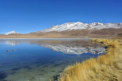 Scenic view of lake and mountains against clear blue sky