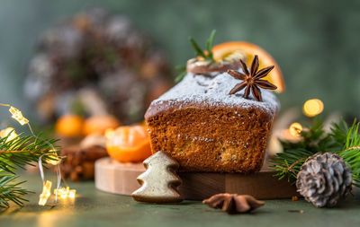 Close-up of christmas decorations on table