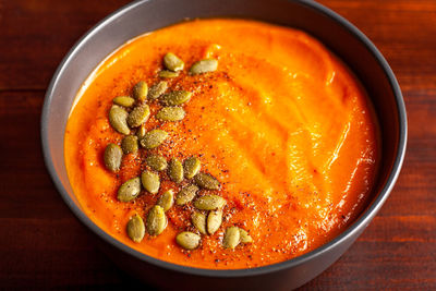 Close-up of soup in bowl on table