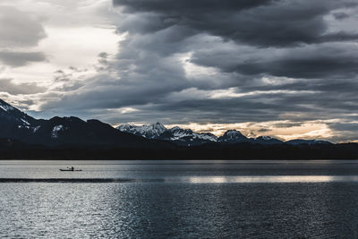 Scenic view of lake against cloudy sky