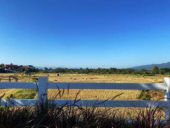 Scenic view of lake against clear blue sky