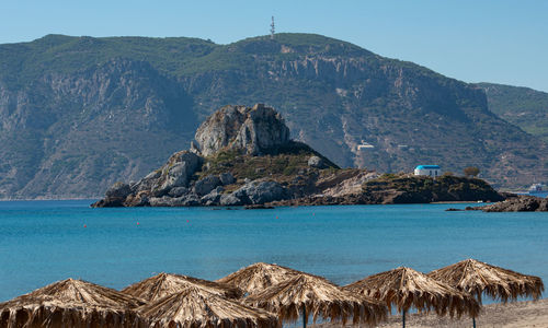 Blue white church on the small island of agios stefanos kefalos